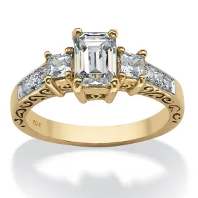 10K Yellow Gold Emerald Cut Cubic Zirconia Etched Scroll Step Top Bridal Ring