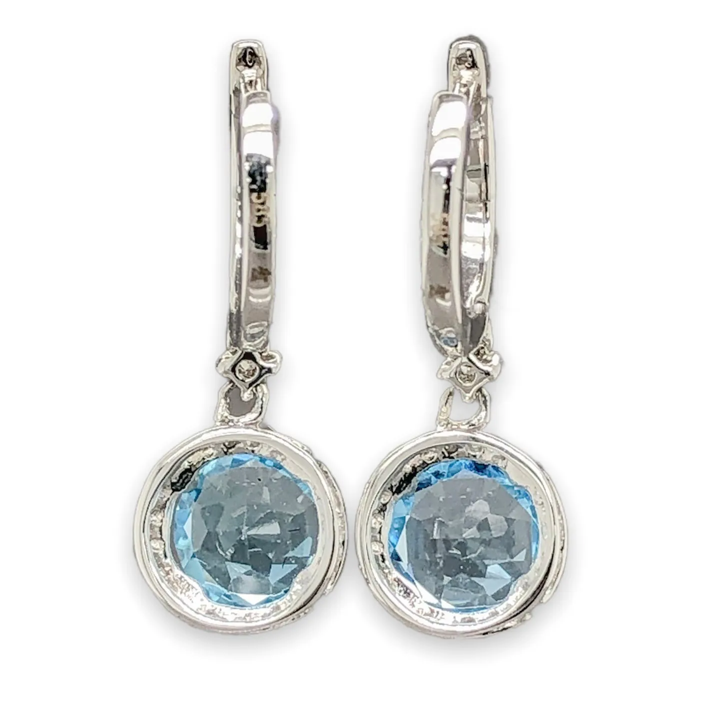 14K W Gold 1.44cttw Blue Topaz & 0.26cttw Diamond Halo Dangle Earrings