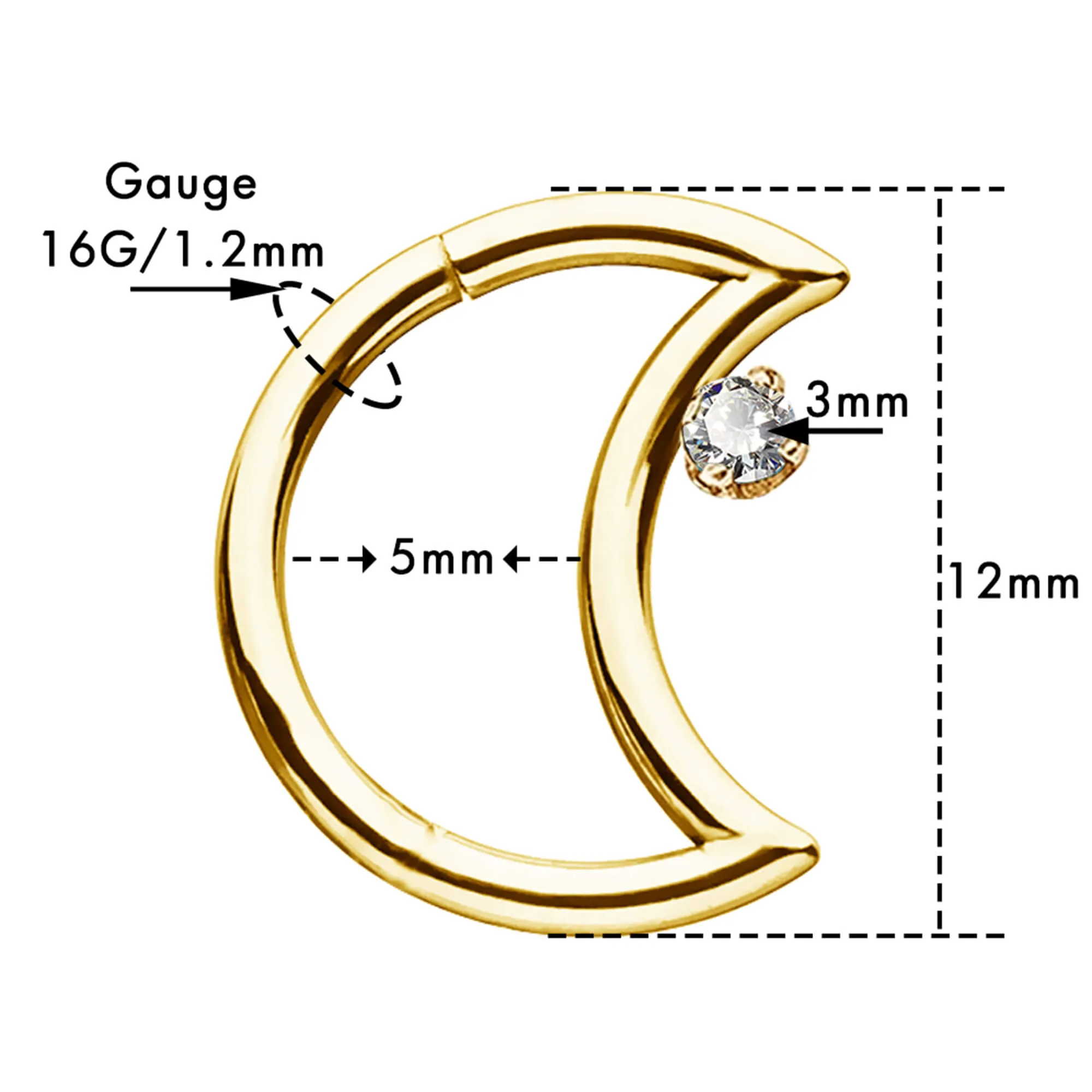 16G 14KT Real Gold Moon Minimalist Daith Earring