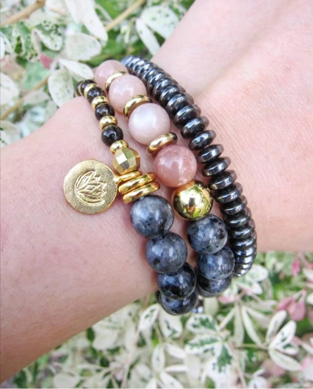 27 Bead in Moonstone and Larvikite Mala Bracelet w/ Gold charm