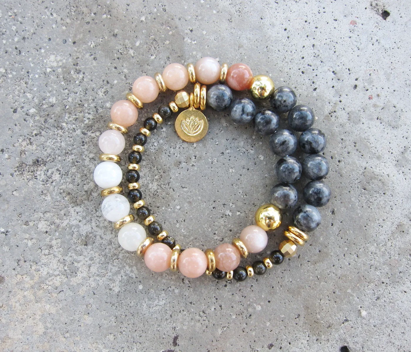 27 Bead in Moonstone and Larvikite Mala Bracelet w/ Gold charm