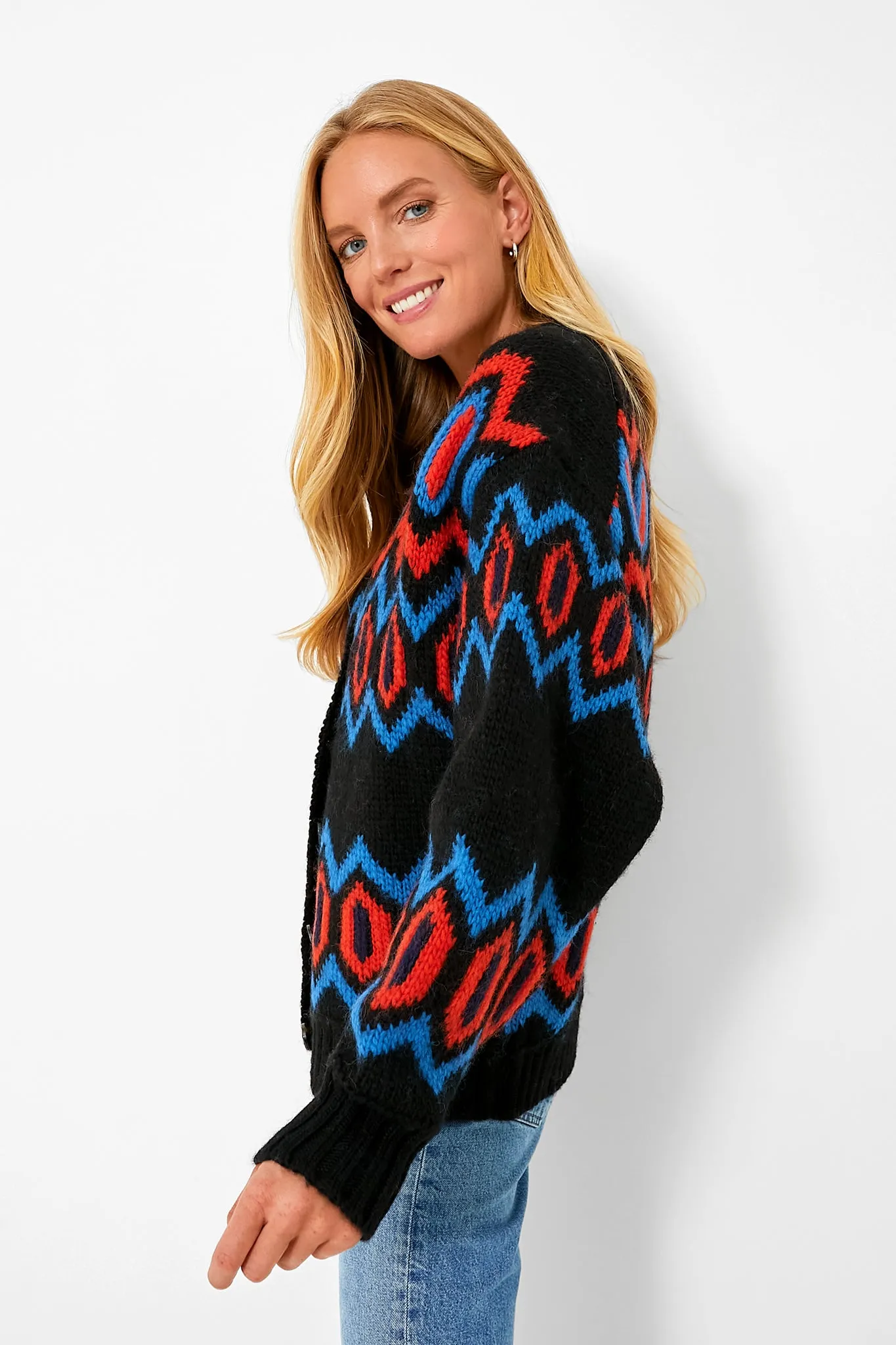 Black Chunky Graphic Wool Cardigan