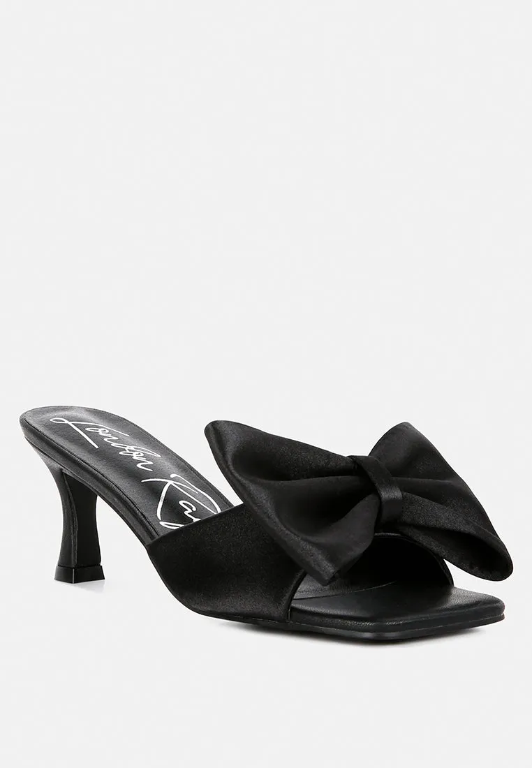 Black Satin Bow Kitten Heel Sandals