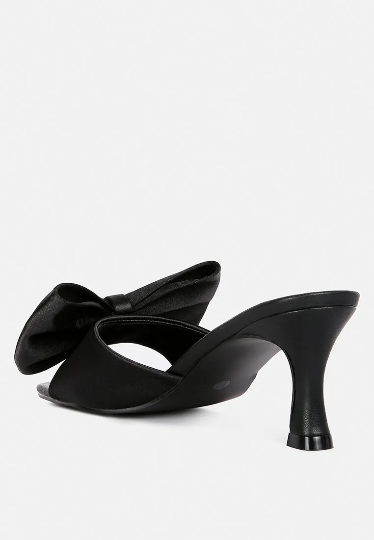 Black Satin Bow Kitten Heel Sandals