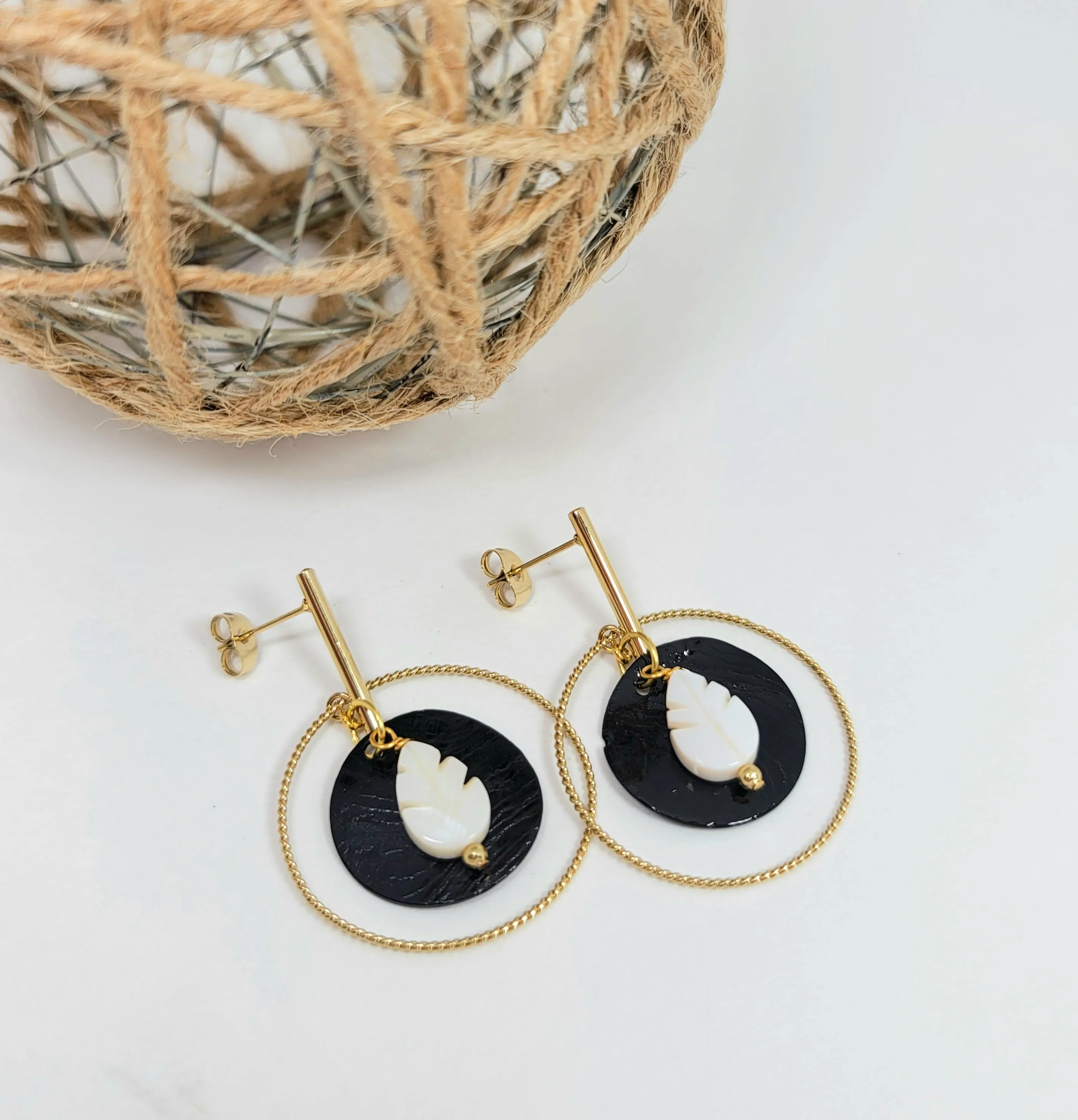 Black Shell and Leaf Earrings