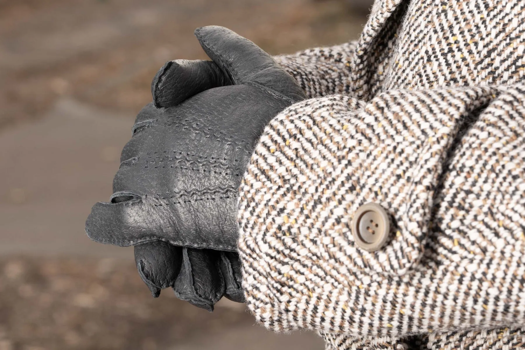 Charcoal Black Rabbit Fur Lined Peccary Gloves