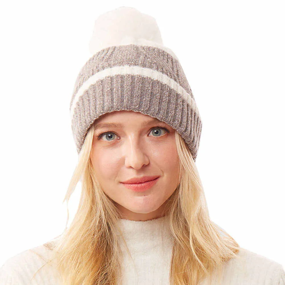 Colorful Lurex Accented Two Tone Knit Pom Pom Beanie Hat