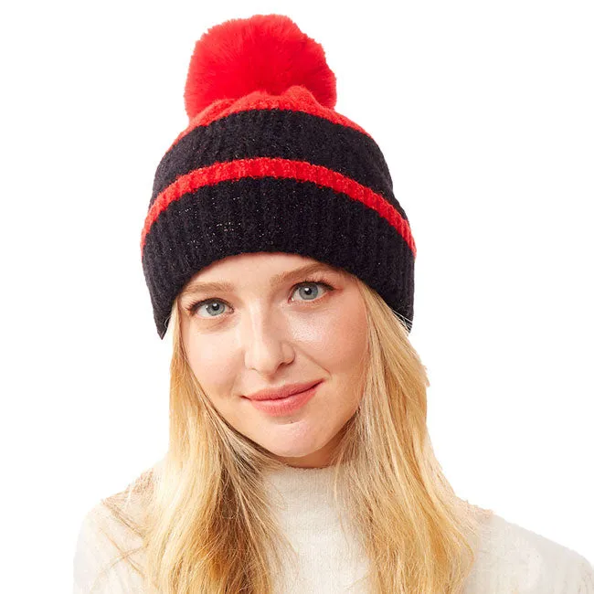 Colorful Lurex Accented Two Tone Knit Pom Pom Beanie Hat