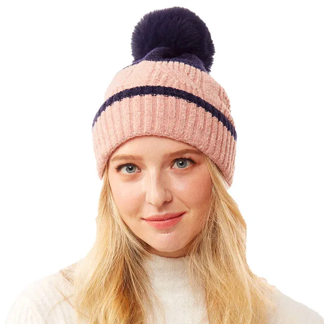 Colorful Lurex Accented Two Tone Knit Pom Pom Beanie Hat