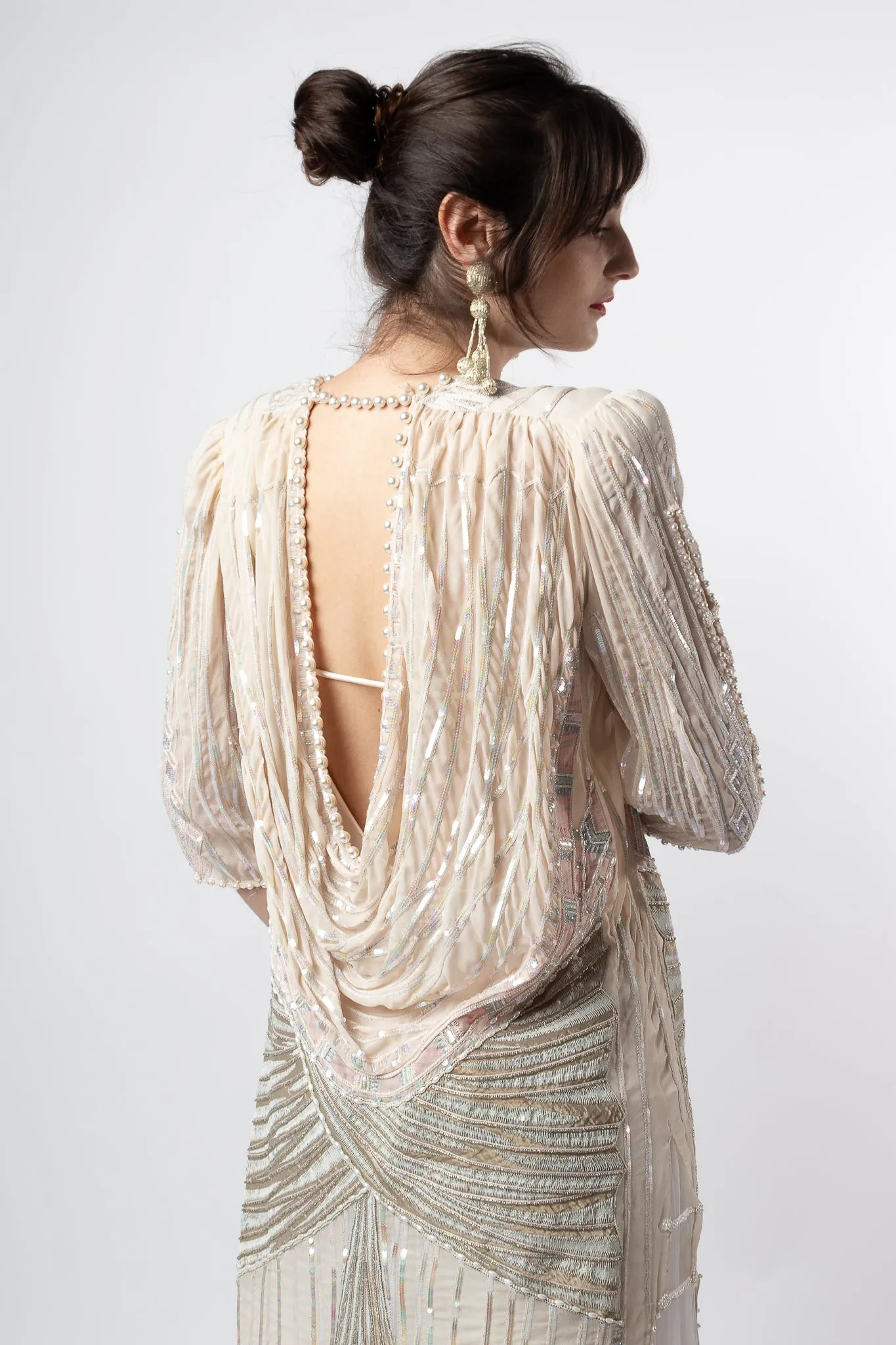 Deco Beaded Cowl Back Gown