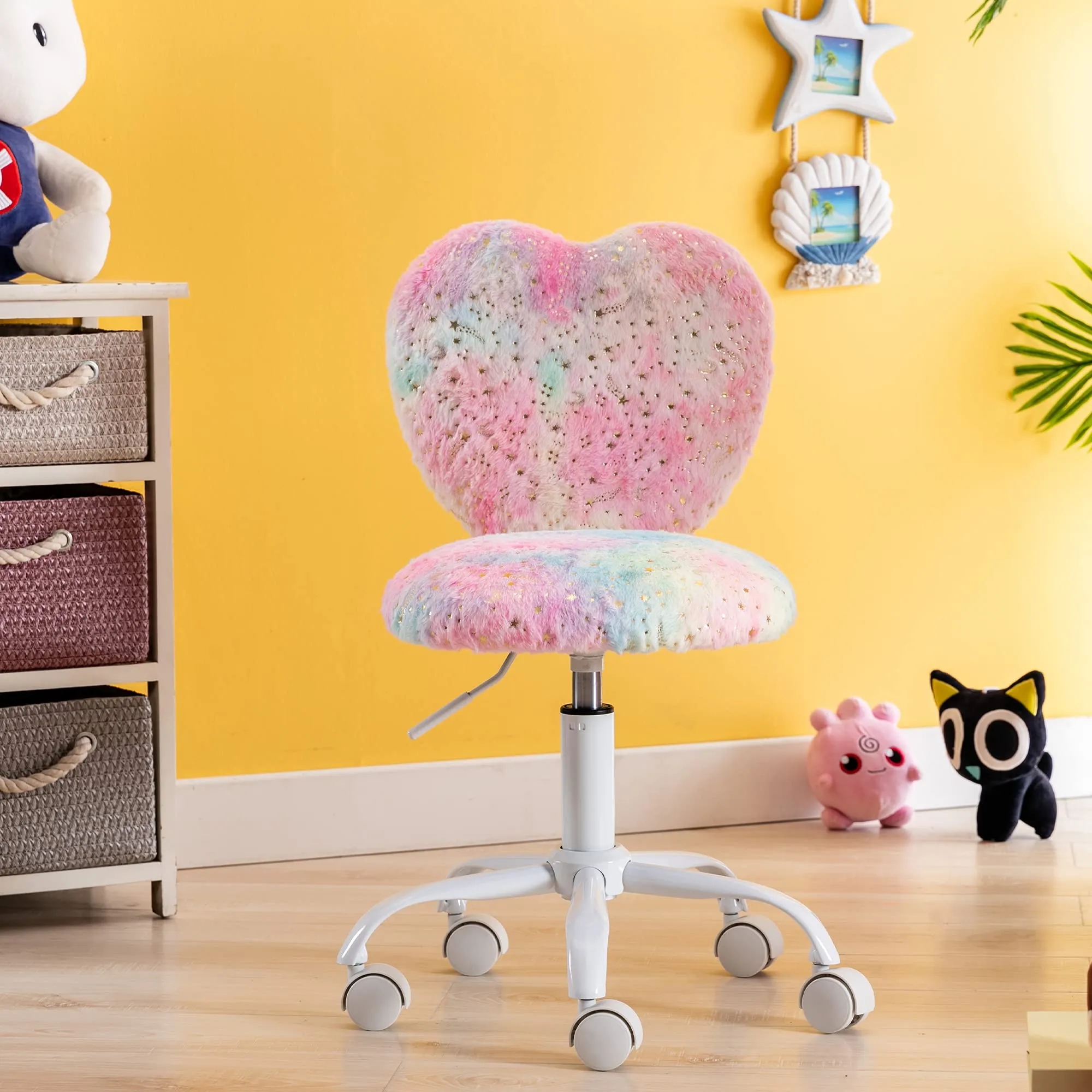 DM Furniture Small Kids Chair, Cute Heart Girls Desk Chair, Rolling Study Chair Furry Pink Computer Chair, Faux Fur Swivel Vanity Chair for Children Bedroom/Study, Colorful