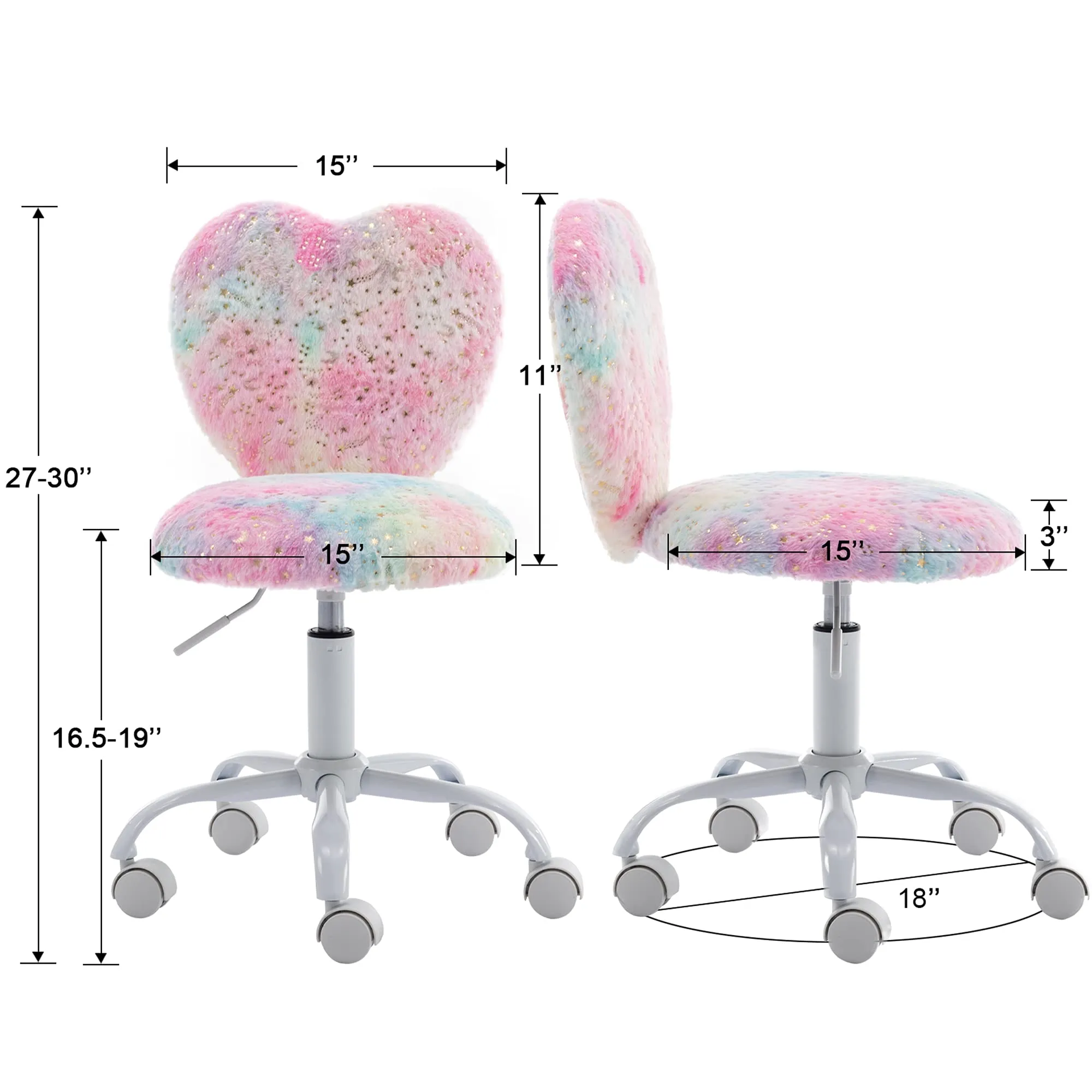 DM Furniture Small Kids Chair, Cute Heart Girls Desk Chair, Rolling Study Chair Furry Pink Computer Chair, Faux Fur Swivel Vanity Chair for Children Bedroom/Study, Colorful