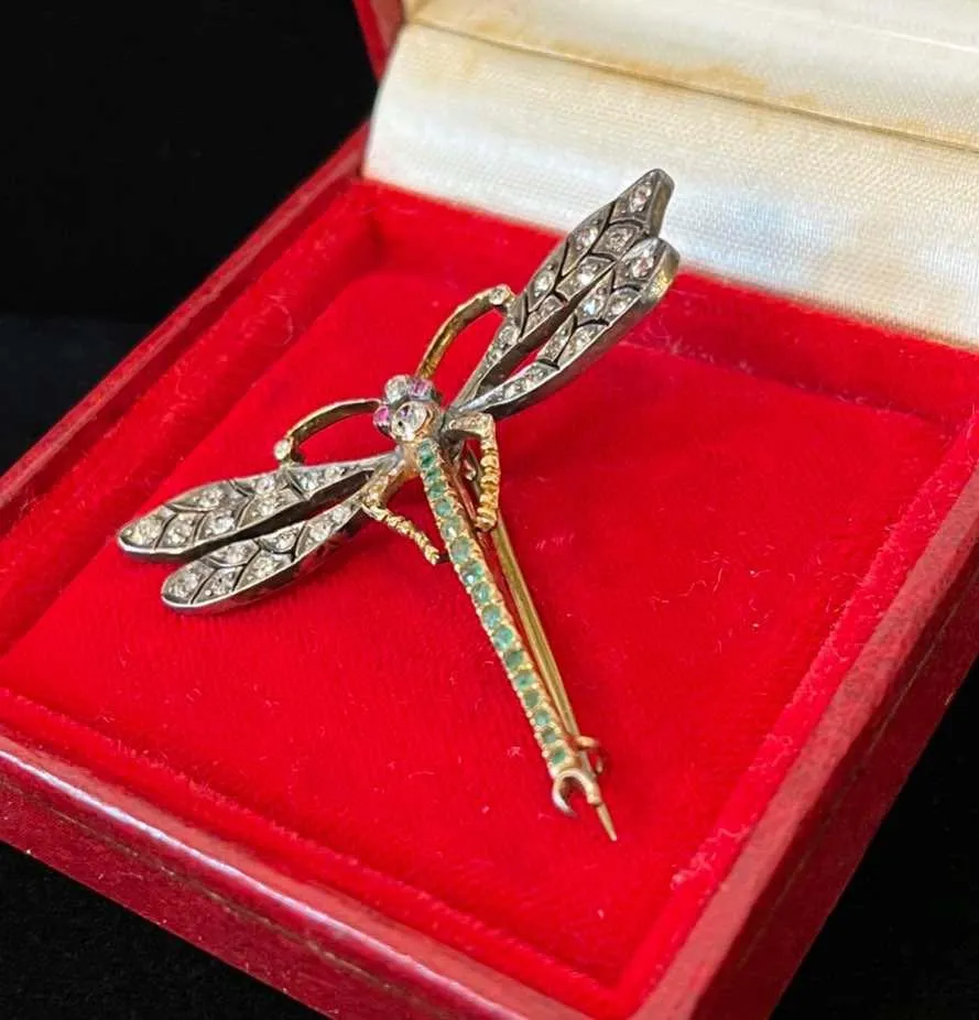 Edwardian Diamond, Ruby and Emerald Dragonfly Brooch