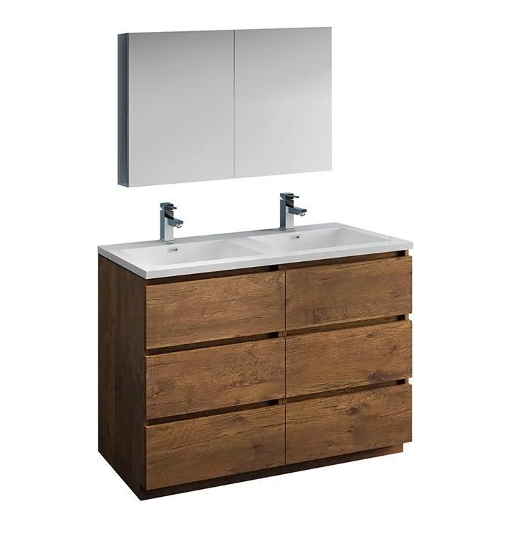 Fresca Lazzaro 48 Rosewood Double Sink Bath Bowl Vanity Set w/ Cabinet/Faucet