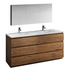 Fresca Lazzaro 72 Rosewood Double Sink Bath Bowl Vanity Set w/ Cabinet/Faucet