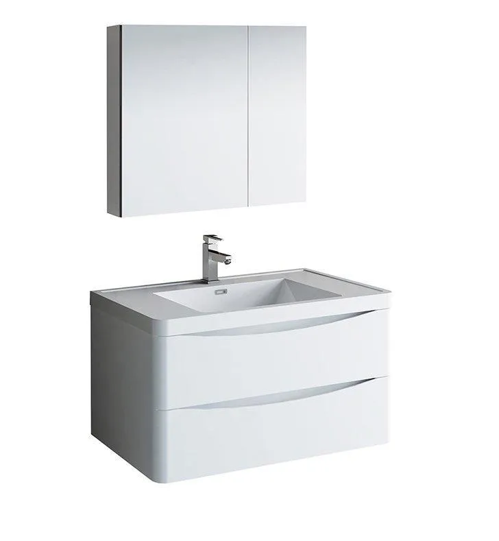 Fresca Tuscany 36 White Bath Bowl Vessel Drain Vanity Set w/ Cabinet & Faucet