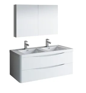 Fresca Tuscany 48 White Double Sink Bath Bowl Vanity Set w/ Cabinet & Faucet