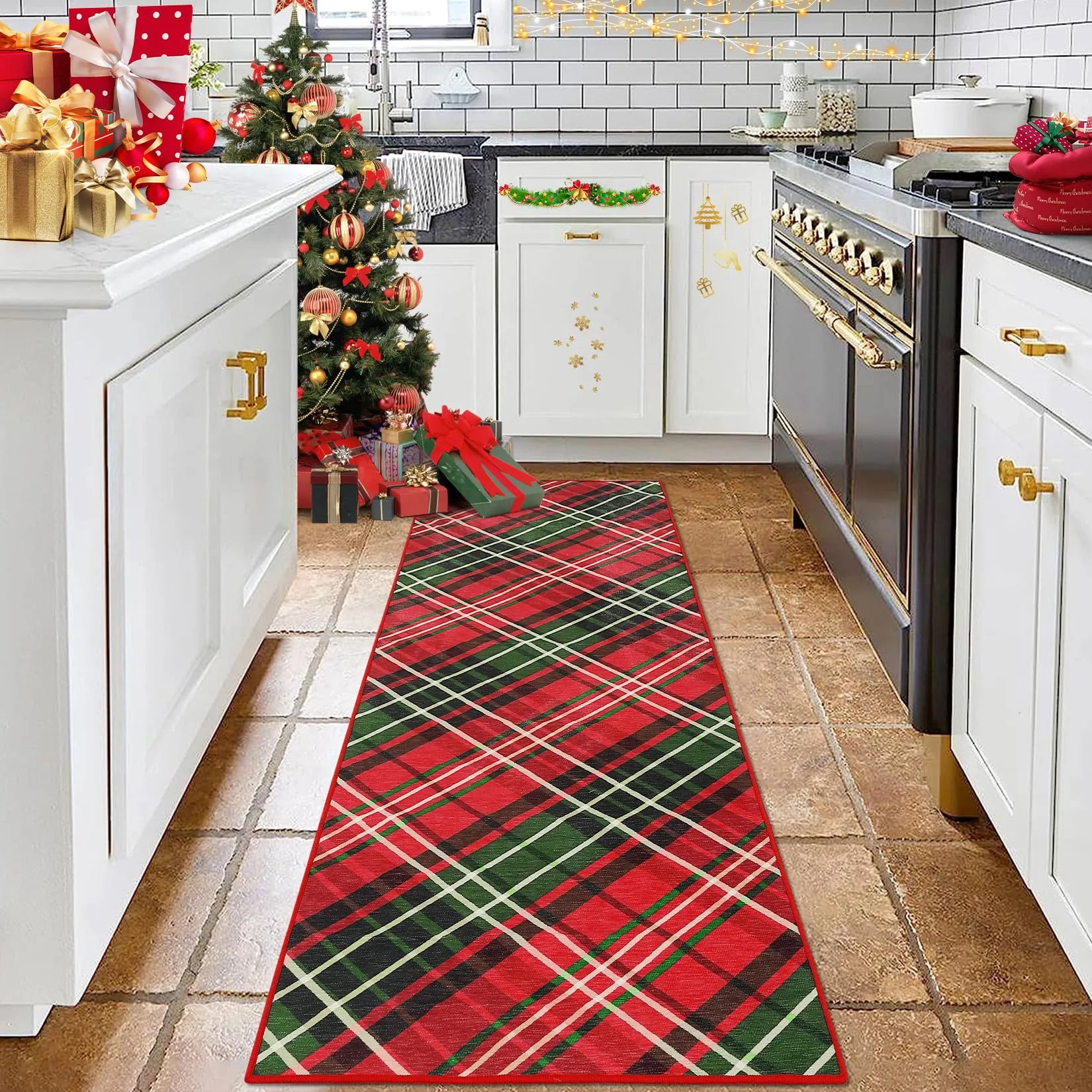 GARVEE Area Rug 2x8 Christmas Rugs Washable Rug Christmas Kitchen Rugs for Living Room Bedroom Dining Room Office Nursery Non-Slip Kitchen Rug,Green