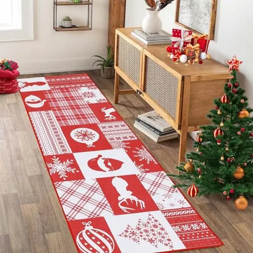 GARVEE Area Rug 2x8 Christmas Rugs Washable Rug Christmas Kitchen Rugs for Living Room Bedroom Dining Room Office Nursery Non-Slip Kitchen Rug,Red