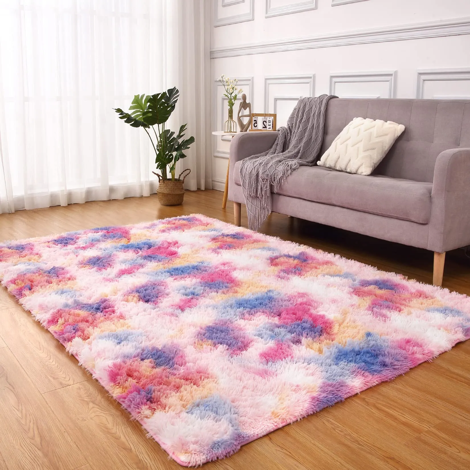 GARVEE Fluffy Area Rug for Girls Room 4 x 6 Feet Rainbow Plush Shag Rugs for Bedroom Nursery Room Soft Shaggy Rug Anti-Slip Kids Playroom Fuzzy Rugs for Dorm Room Floor Mat, Yellow