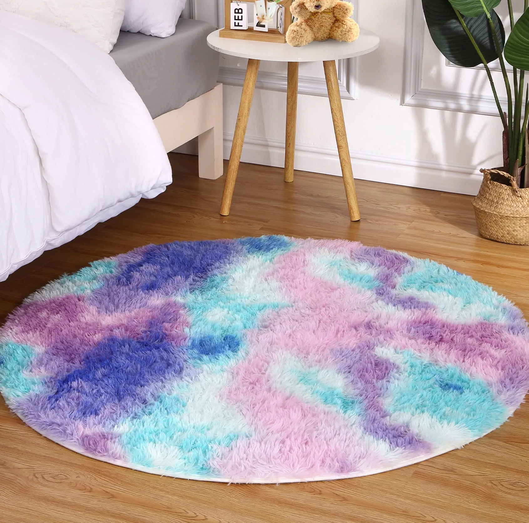 GARVEE Round Shag Rug Rainbow Shaggy Rugs Soft Area Rug for Bedroom Fluffy Area Rug Non-Slip Furry Plush Rugs Girls Room Rug for Indoor Bedroom Living Room, Teal