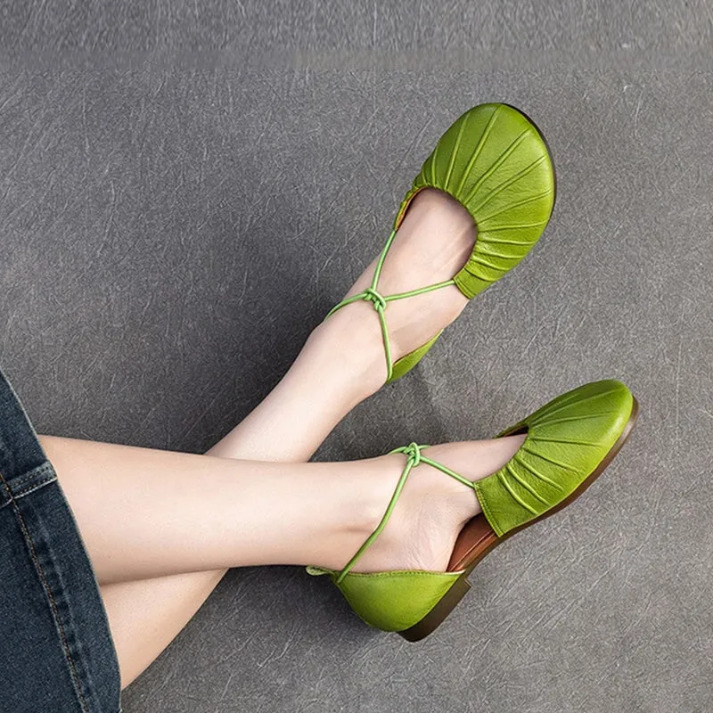 Genuine Leather Flats For Women Folded Round Toe Cut Out in Green/Coffee