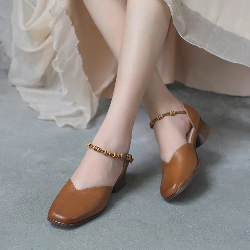 Genuine Leather Square Toe Block Heels Mary Jane Elegant Shoes Coffee/Brown