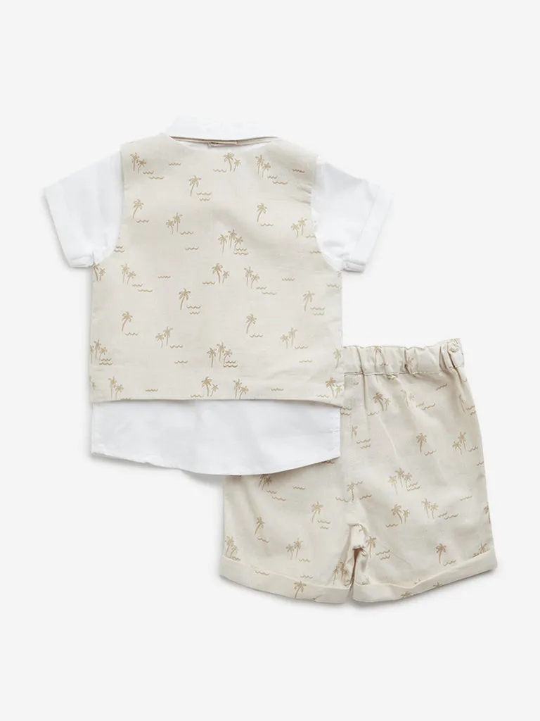 HOP Baby Beige Cotton Waistcoat, Shirt, Shorts & Bow Set