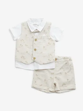 HOP Baby Beige Cotton Waistcoat, Shirt, Shorts & Bow Set