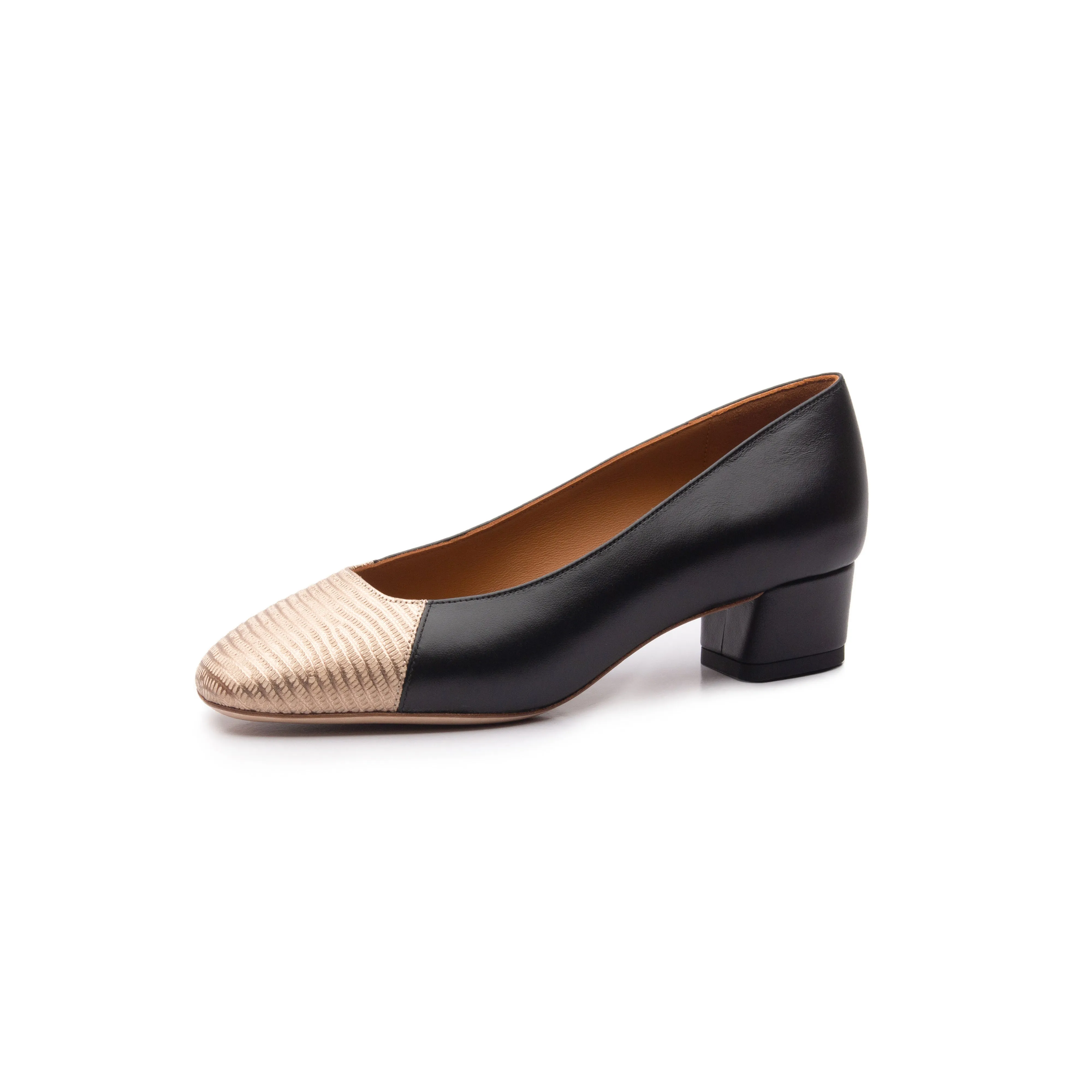 Jessica 35 Pump in Classic Black and Embossed Gold Lizard Leather