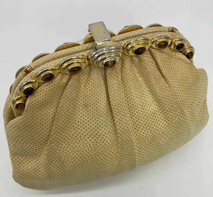 Judith Leiber Beige Lizard Tiger Eye Gemstone Clutch