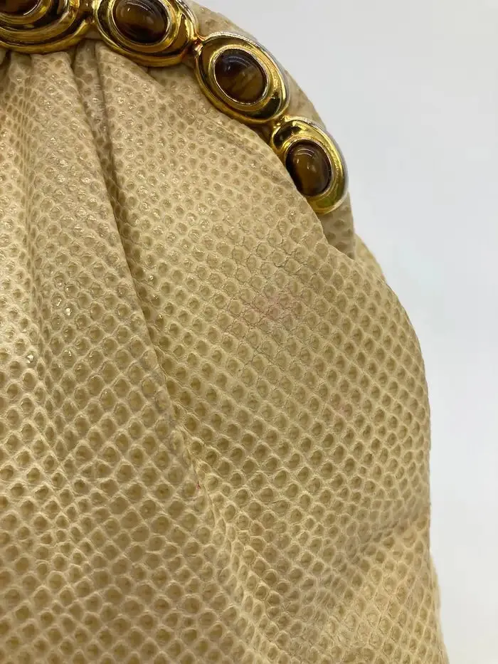 Judith Leiber Beige Lizard Tiger Eye Gemstone Clutch