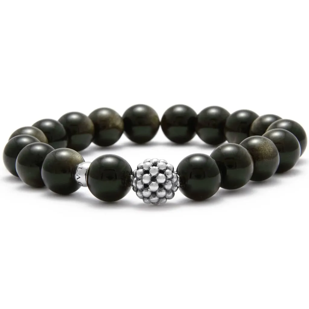 Maya Golden Obsidian Silver Station Bead Bracelet