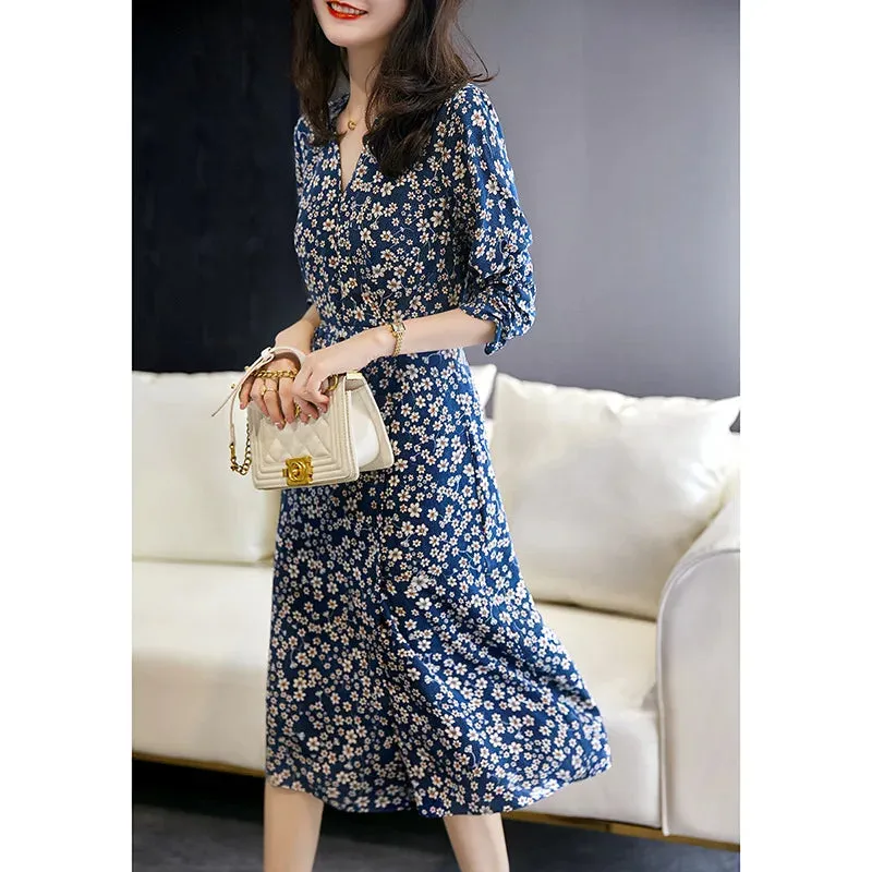 Printed Clear Pear Flower French Style Slimming Mulberry Silk Tea Midi Dresses