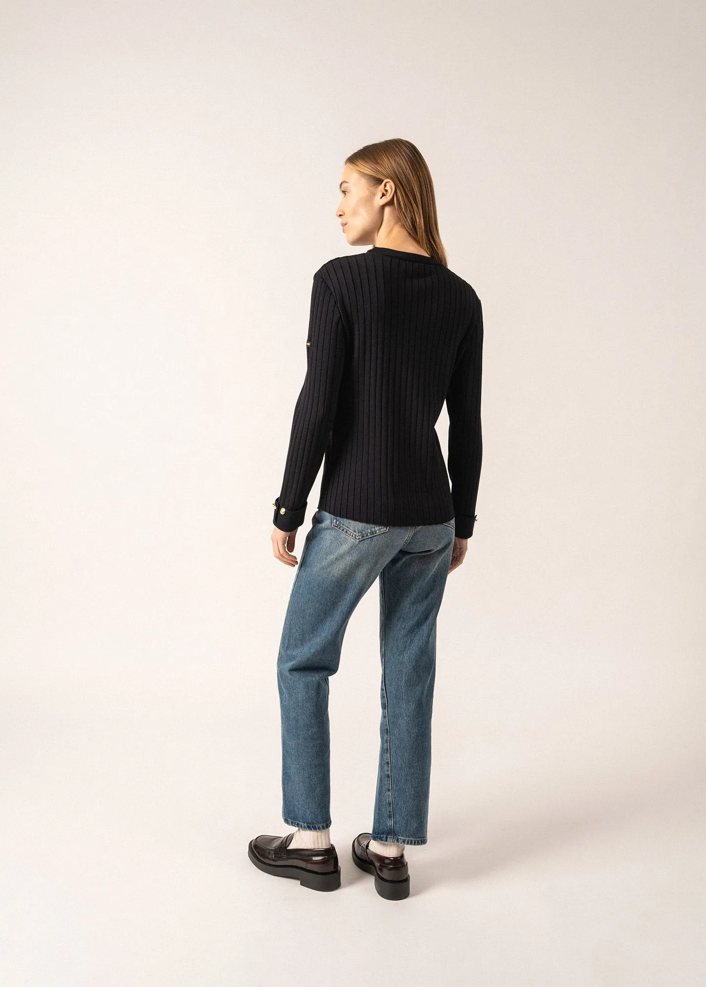 RIVAGE - Flat-Rib Knit Sweater with Gold Cuff Buttons for Women | 100% Wool (NAVY)