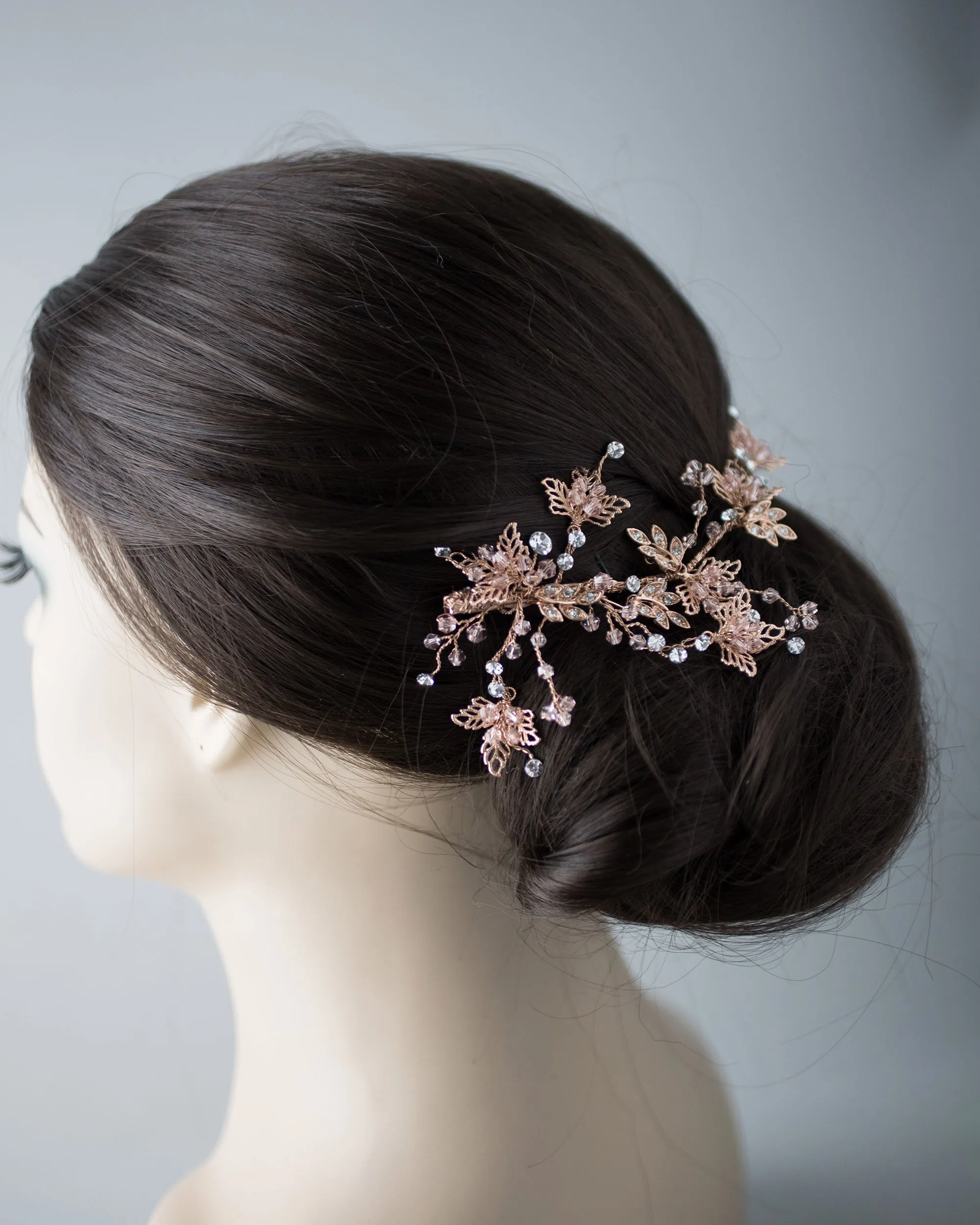 Rose Gold and Blush Crystal Beads Leafy Hair Clip