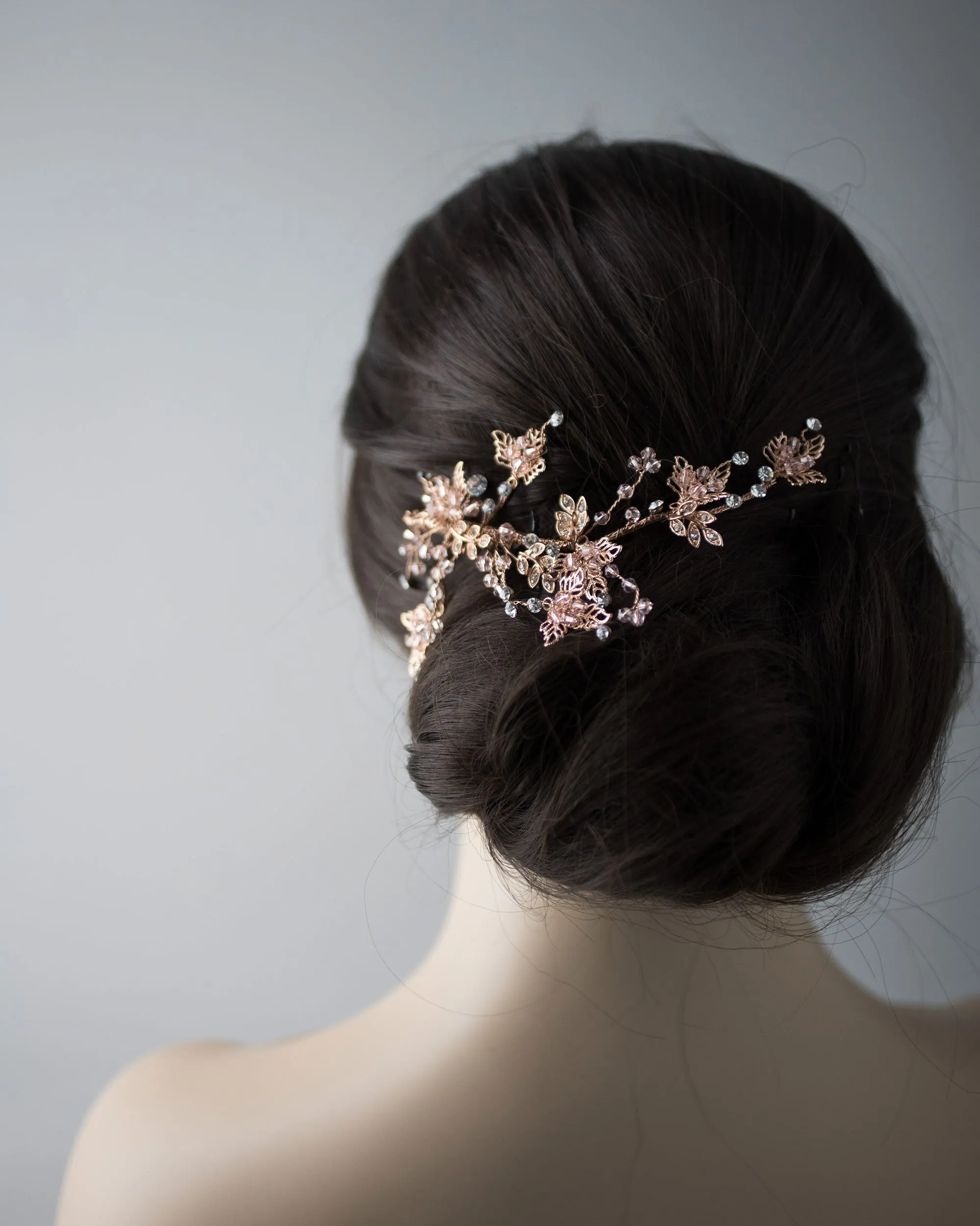 Rose Gold and Blush Crystal Beads Leafy Hair Clip