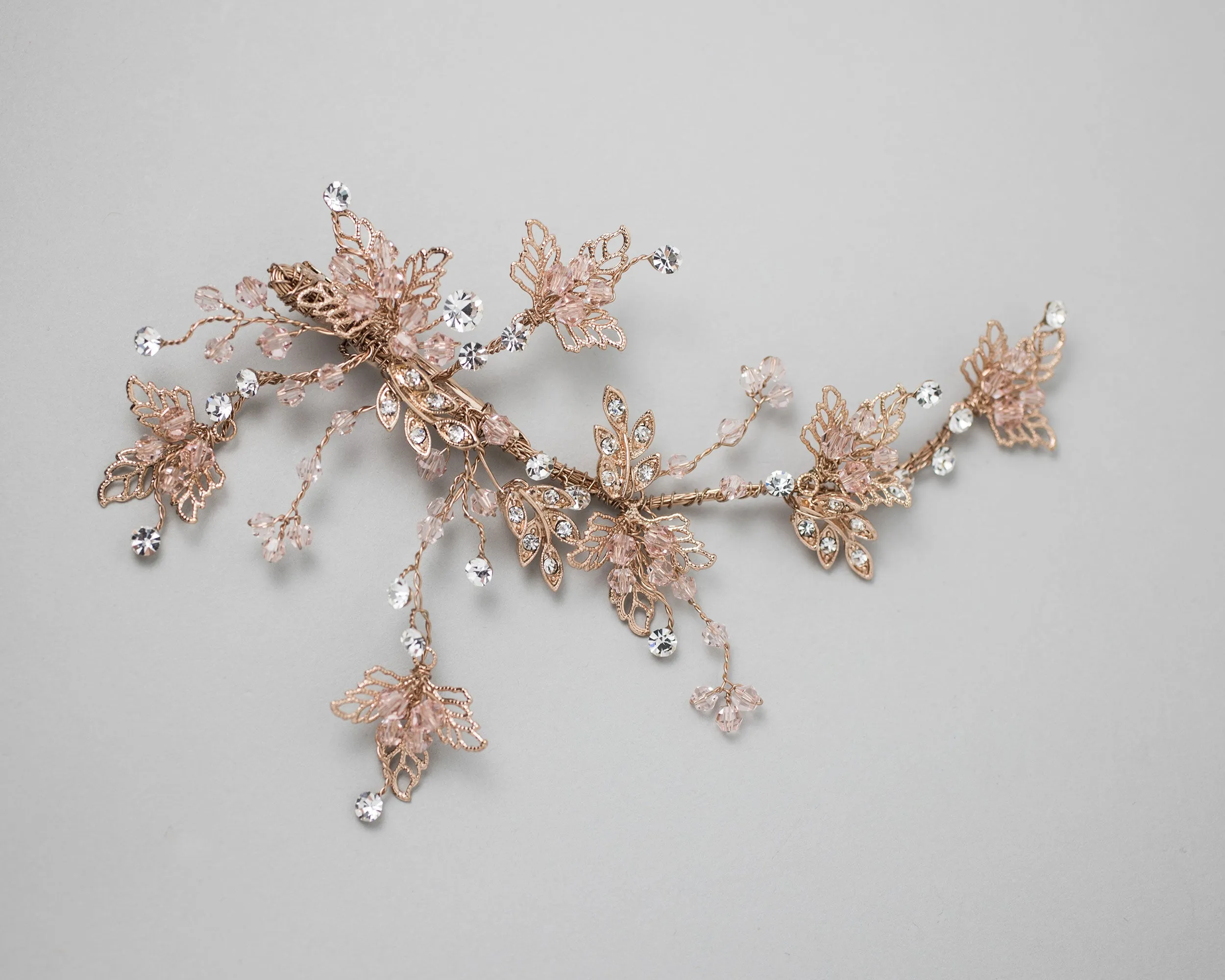 Rose Gold and Blush Crystal Beads Leafy Hair Clip