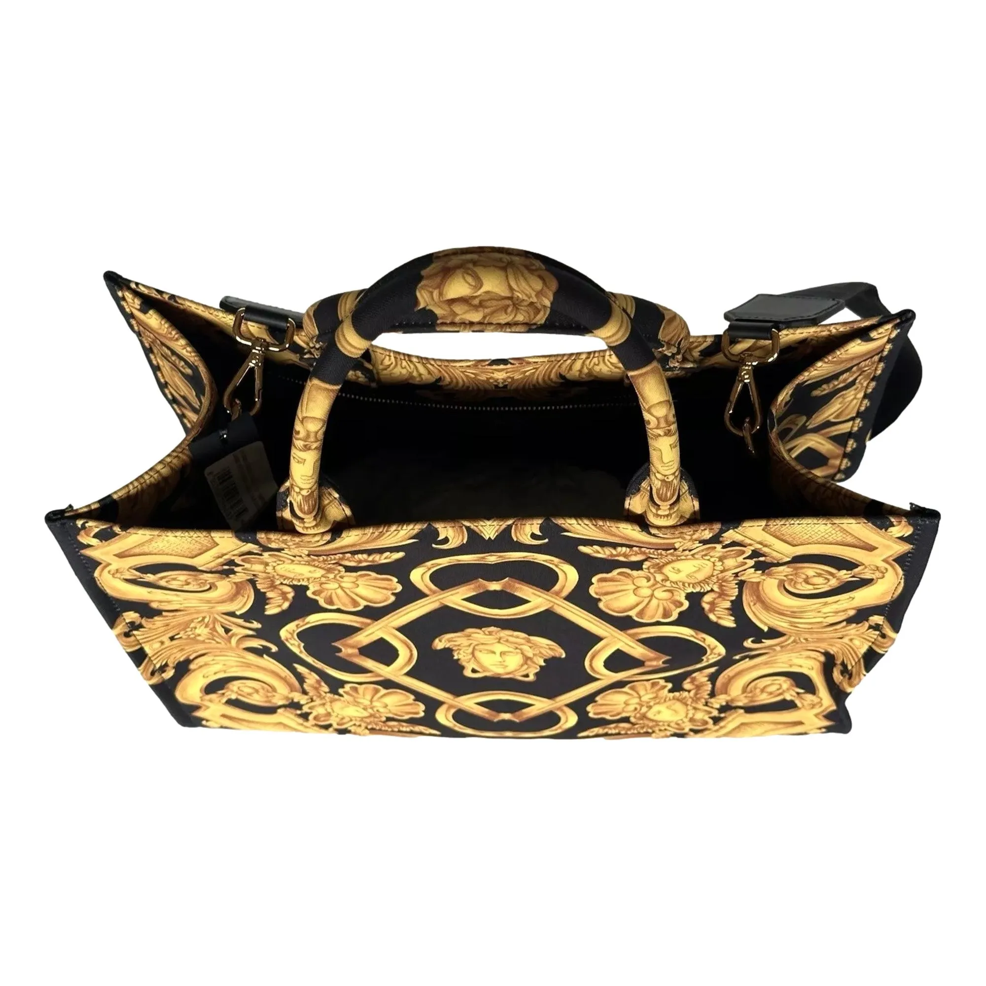 Versace Black and Gold Signature Print Large Canvas Tote