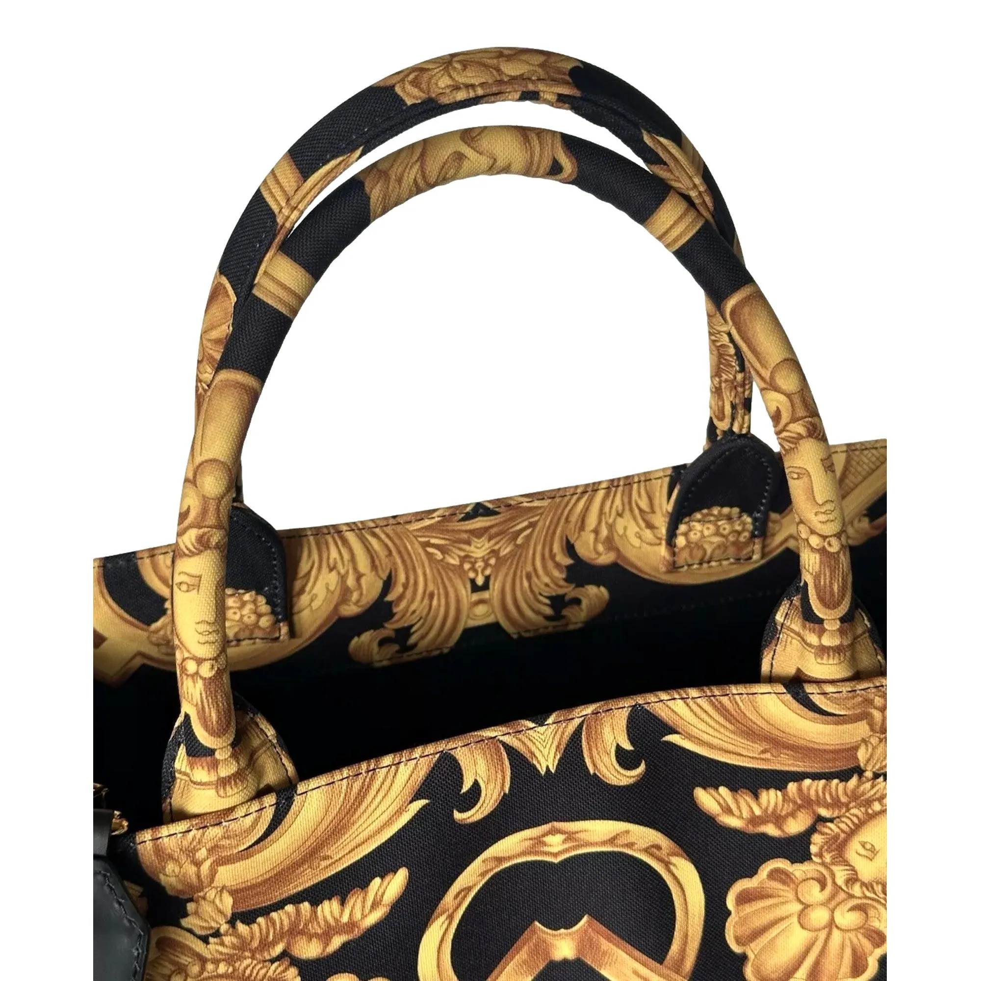 Versace Black and Gold Signature Print Large Canvas Tote