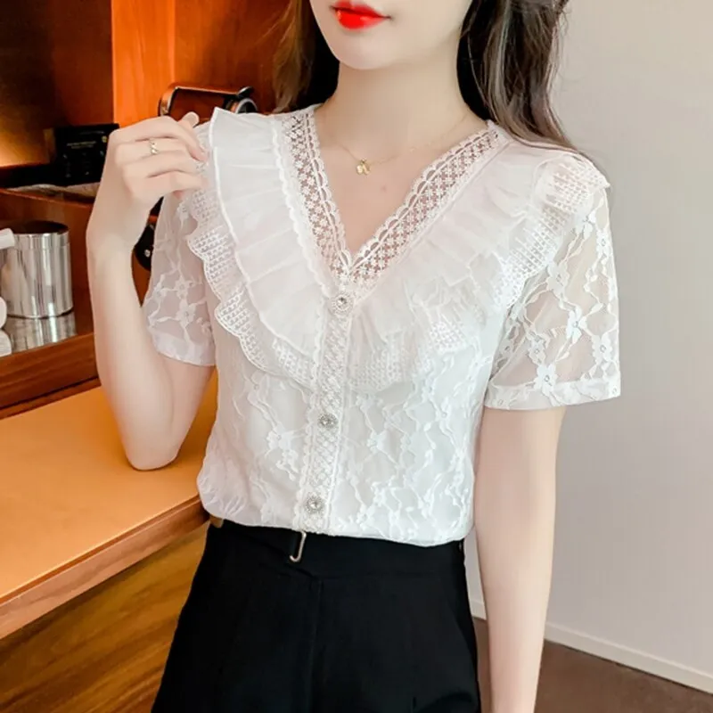 White Lace Casual Tops