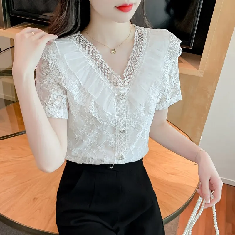 White Lace Casual Tops