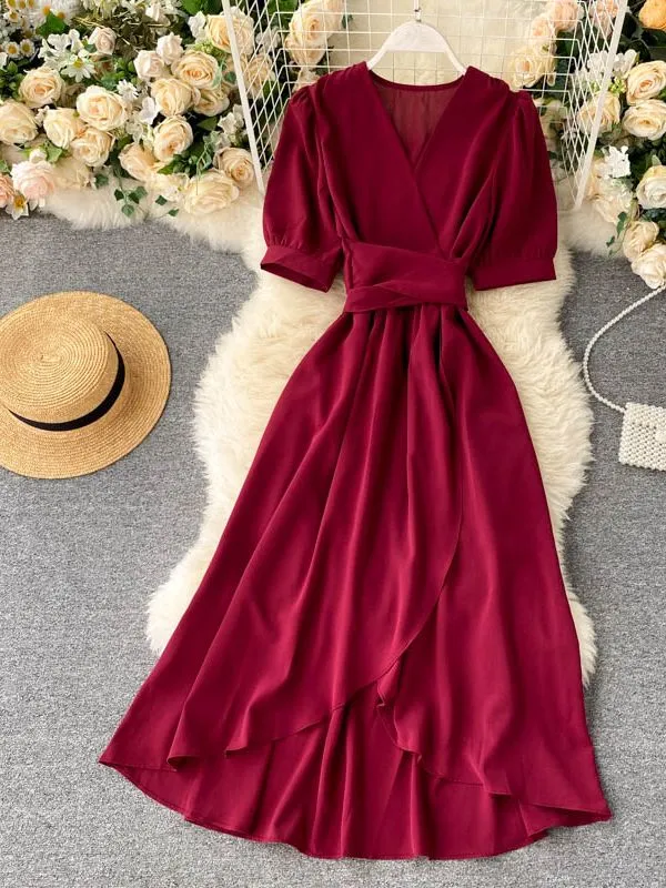 Women Ruffles Solid Color Chiffon Dress