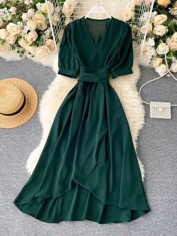 Women Ruffles Solid Color Chiffon Dress