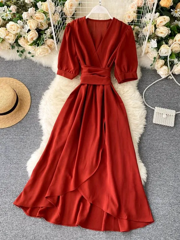 Women Ruffles Solid Color Chiffon Dress