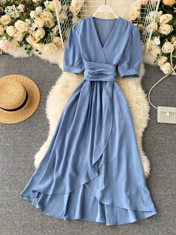 Women Ruffles Solid Color Chiffon Dress