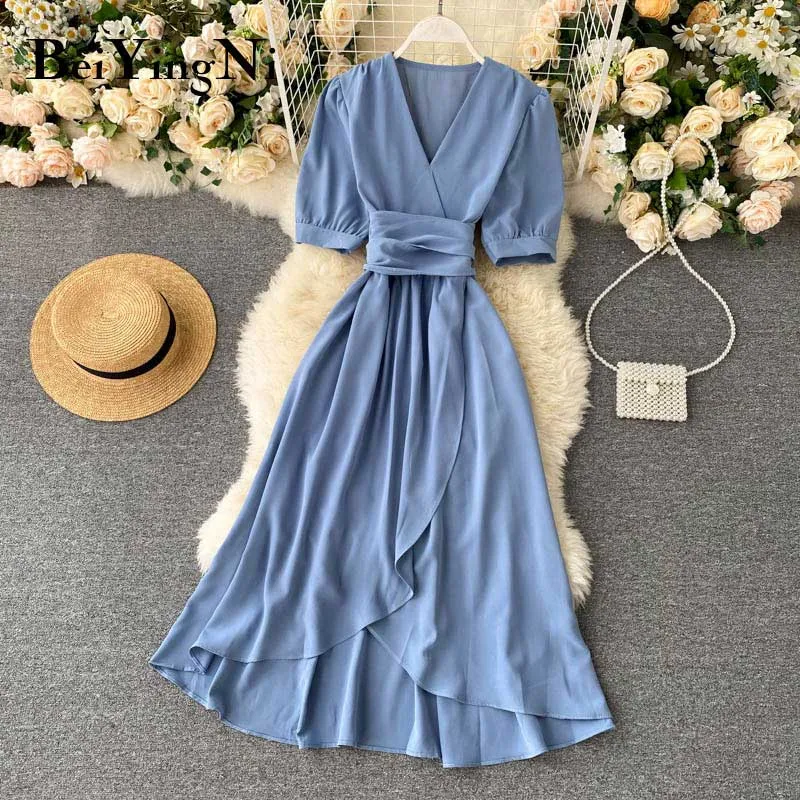 Women Ruffles Solid Color Chiffon Dress