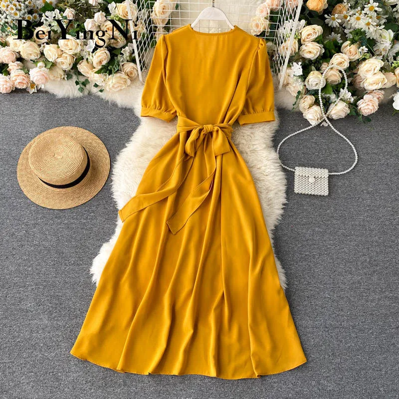 Women Ruffles Solid Color Chiffon Dress