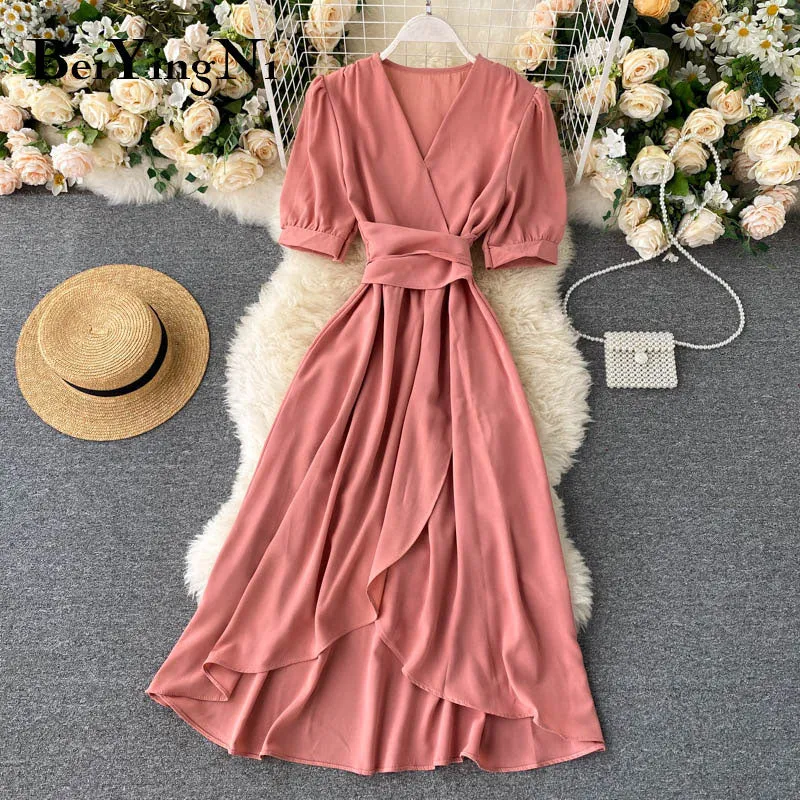 Women Ruffles Solid Color Chiffon Dress