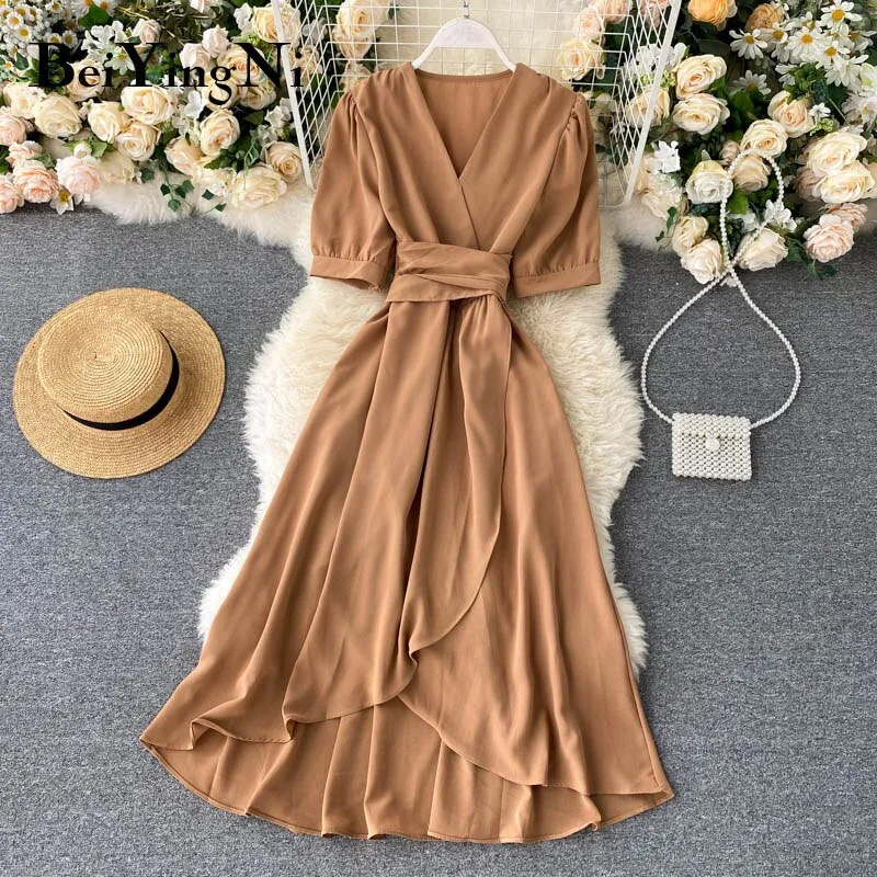 Women Ruffles Solid Color Chiffon Dress